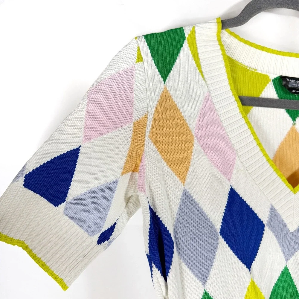 Kate Spade Sprint Argyle Sweater Ivory V-Neck Short Sleeve Top Women Sz S
